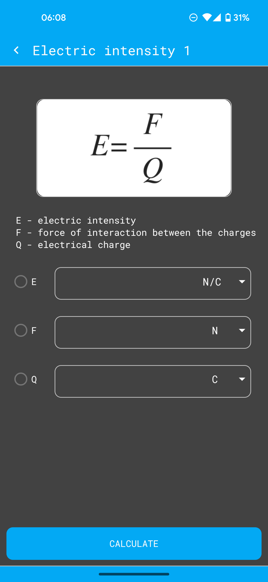 Formula solver screen