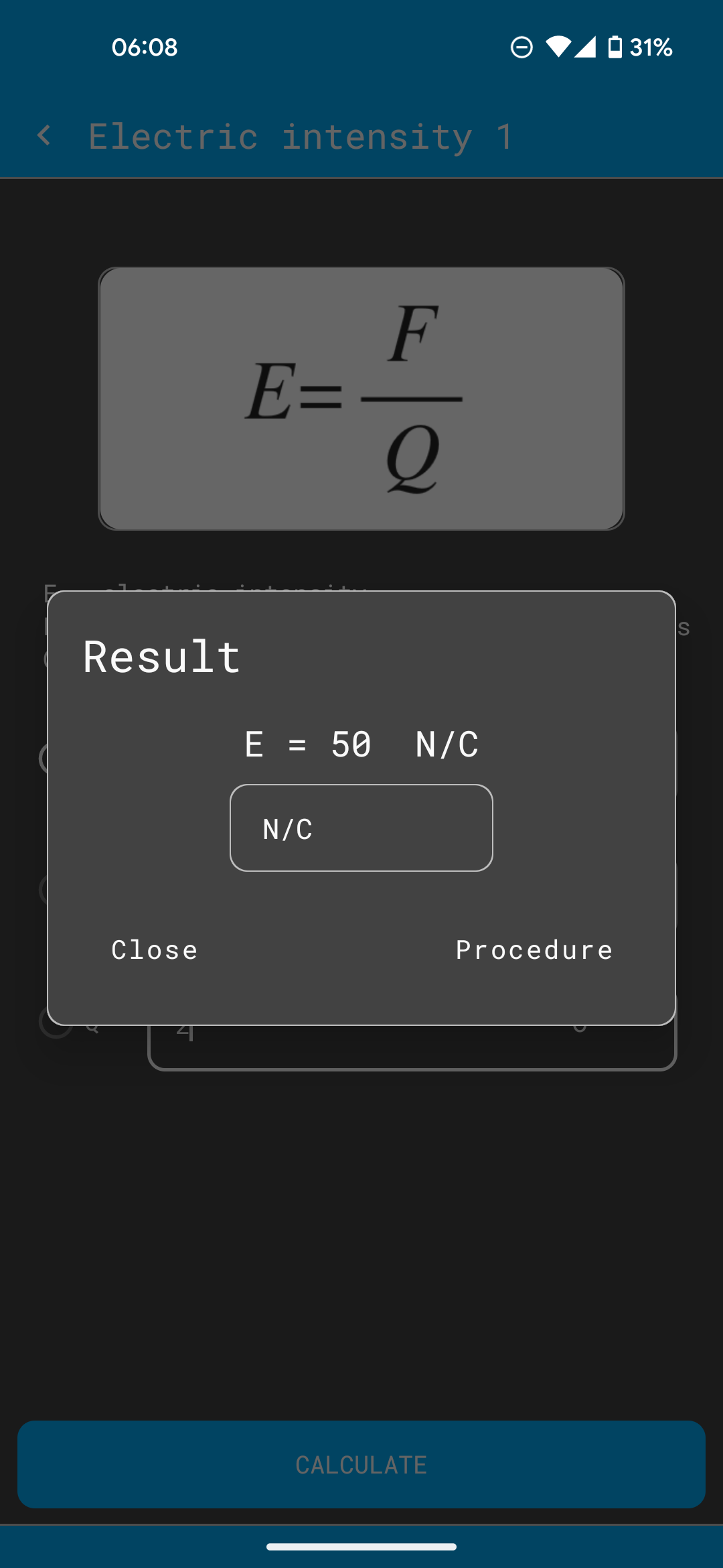 Formula solver screen with result